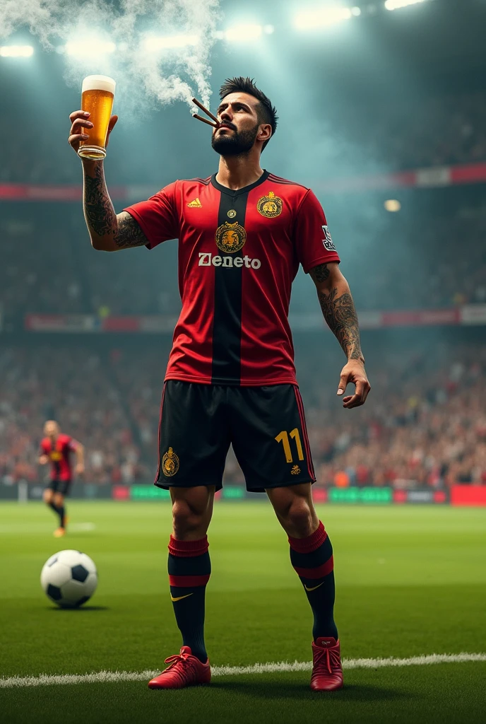 A Flamengo player smoking 3 cigarettes, and with a glass of beer in the other hand scoring a goal
