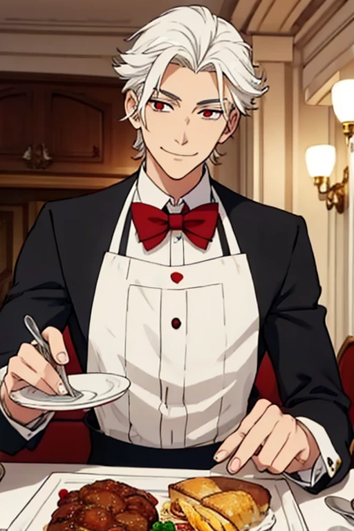 Perfect face. Perfect hands. A young white haired man with red eyes in a butler uniform is serving dinner while smiling in a fancy butler cafe