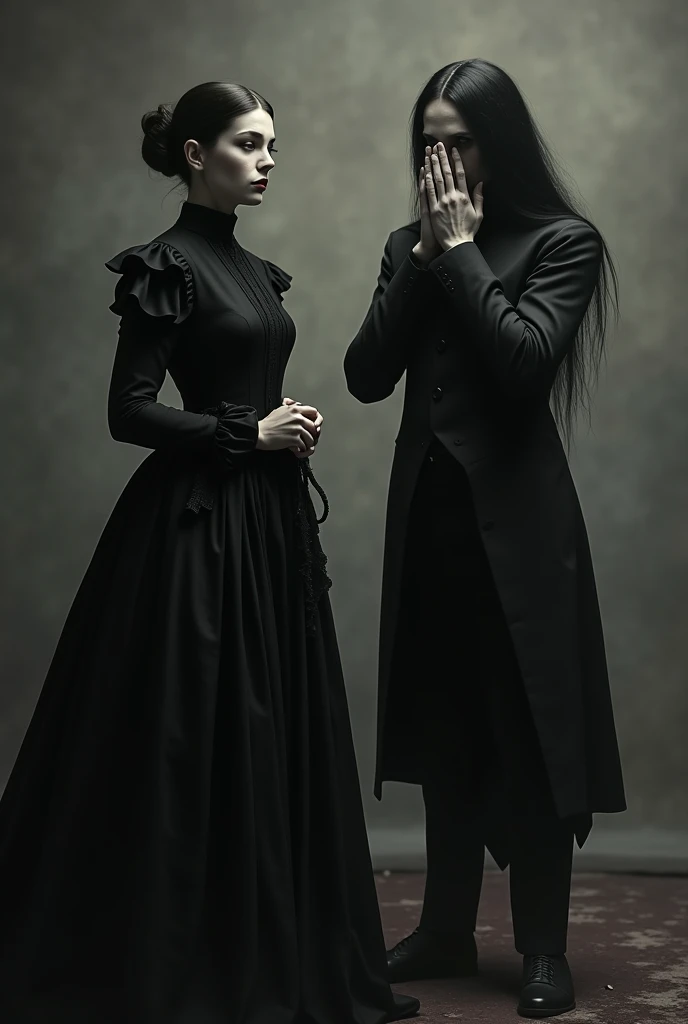 A wall as a background, a young Victorian woman dressed in black and a Rasputin-like man, with a grim and enigmatic look, circled in black. Among themselves, Hanging on the wall is a Renaissance painting of a satyr kidnapping a nymph
