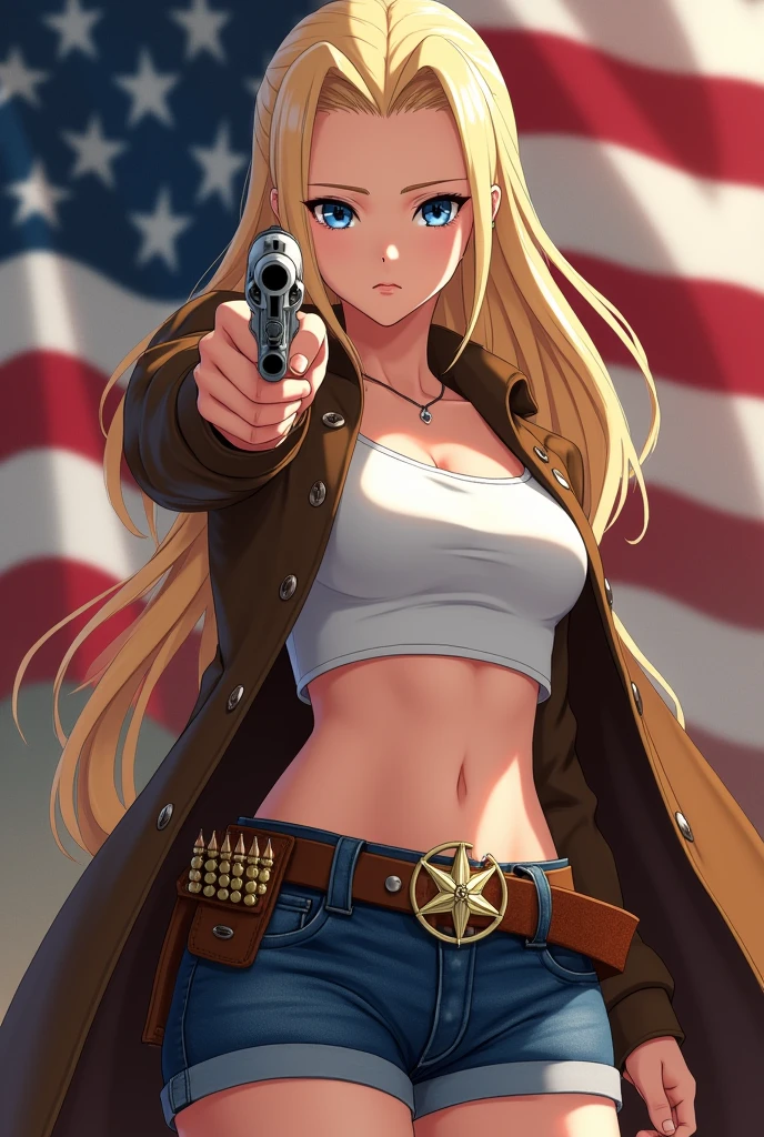 1 girl, work of art, initial art macross delta, best qualityer, white top, tummy, short jeans azul, breasts small, cowboy hat, gun holster on hip, highly detailed weapon, realistic gun, Colt Peacemaker in hand, gun pointed forward, sheriff badge, bullets in the belt, brown leather duster, Leather overcoat, detailedeyes, glare eyes, beautiful hands, highly detailed hands, straight hands, shining skin, shiny hair, blue colored eyes, light blonde hair, Cao Cao, long hair, slickedback hair, whole body, American Flag
