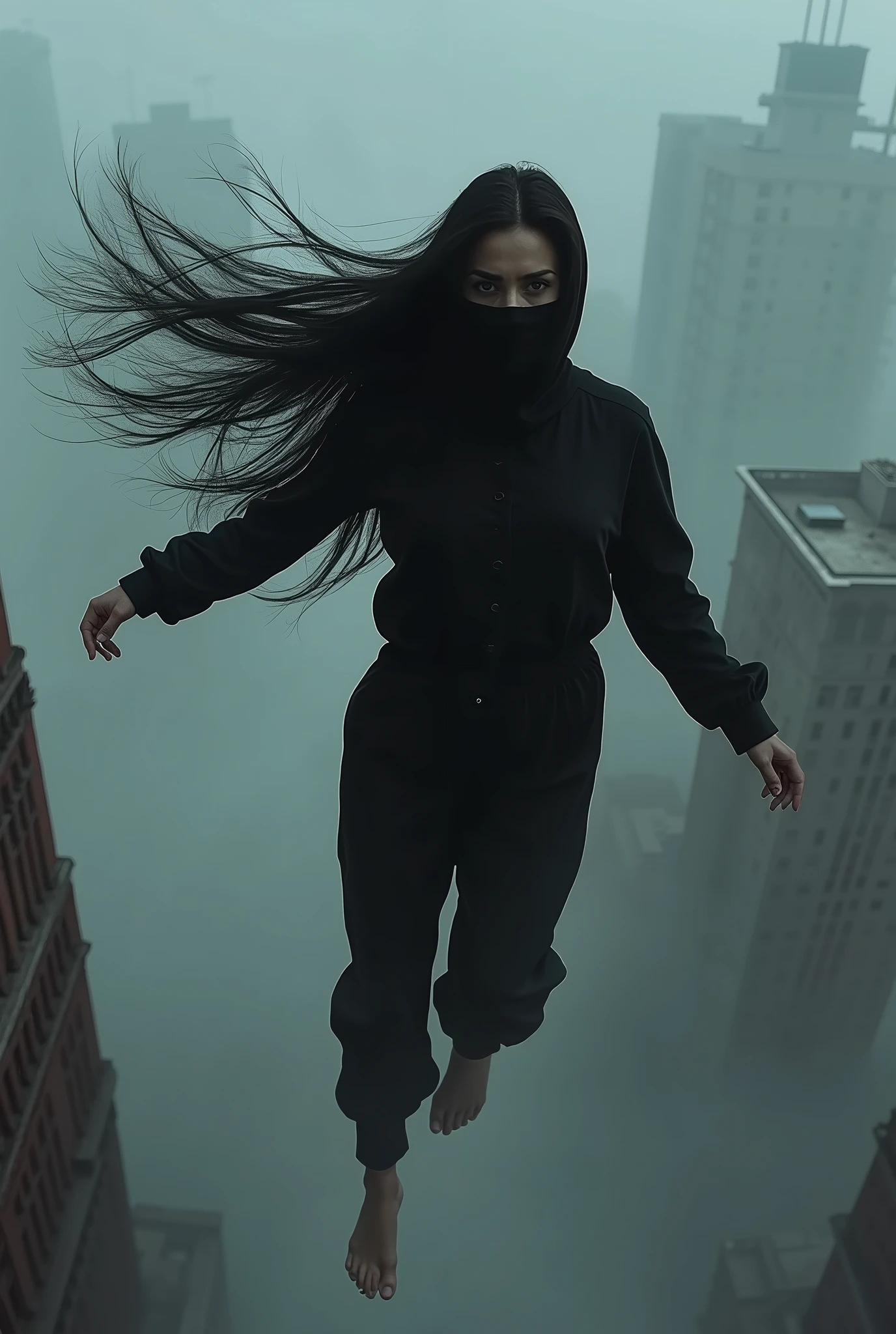 Create a long black haired woman wearing a balaclava and full black pajamas,Whole body,falling from a building