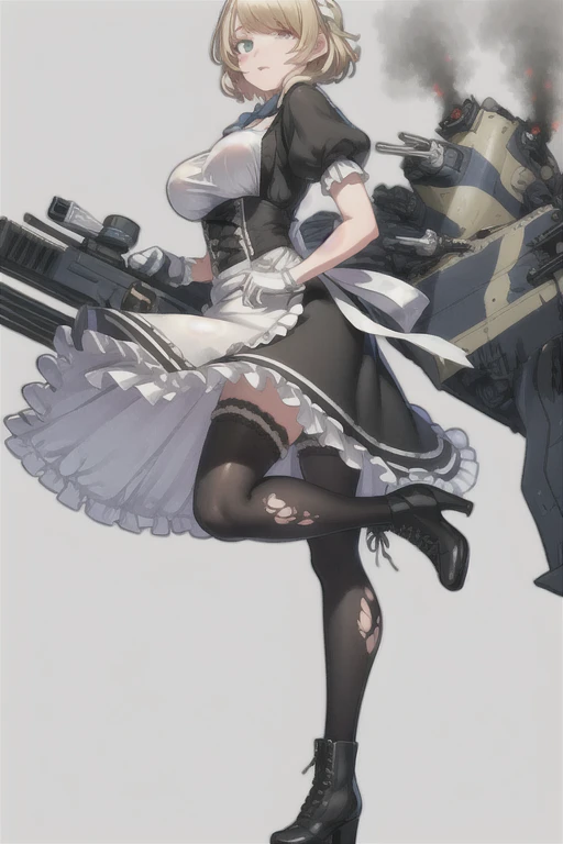 HMS_Renown \(warship girls r\),((masterpiece)),(((best quality))),((ultra-detailed)),((illustration)),((disheveled hair)),((frills)),
1girl, apron, assault rifle, black dress, black legwear, blonde hair, boots, braid, breasts, cannon, chain, cross-laced footwear, dress, enmaided, frilled apron, frills, full body, gloves, gradient, ***, holding, lace-up boots, large breasts, leg up, looking at viewer, machinery, maid, maid apron, maid headdress, medium breasts, pantyhose, puffy short sleeves, puffy sleeves, rifle, rigging, short hair, short sleeves, smokestack, solo, standing, standing on one leg, thighhighs, turret, waist apron, weapon, white apron, white gloves, Before modification,
Redraw your eyes,(blue left eye:1.2),Heterochromia,(yellow right eye:1.2),Anyone can have heterochromia,
