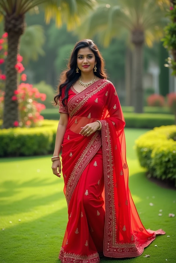 25yr old Indian Girl in the garden, wearing red embroidered net saree , HDR, 8k, hyperdetailed, best quality, ultra-high resolution, HDR, 8k, perfect body with curves, perfect breasts, big smile, (high quality detailing:1.6 face eyes nose ears lips curves skin body parts), 8k, having perfect body, walking on the lawn, , look at viewer, waist level view