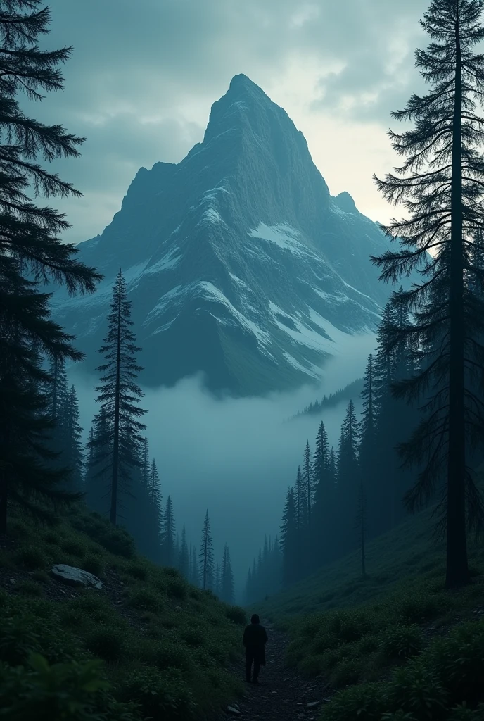 (masterpiece, Best Quality:1.4), cinematic light, showy, high contrast, Mountain, grass, tree, evening, (horror (him):1.2), (monster:1.2), Dark