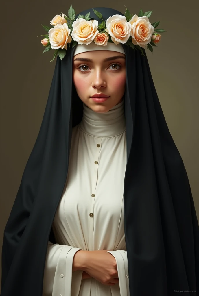 Animated Santa Rosa de Lima add a black cloak, put more roses on her, put a white dress and a black cloak on her like a nun, put a headband of roses on her, make her more adult, MORE SERIOUS AND SHE LOOKS MORE LIKE A NUN, FRIEND, NOT SO SERIOUS, not so young, like a teenager, and with more roses and she looks like a nun, not so old, more like a teenager, more realistic.
