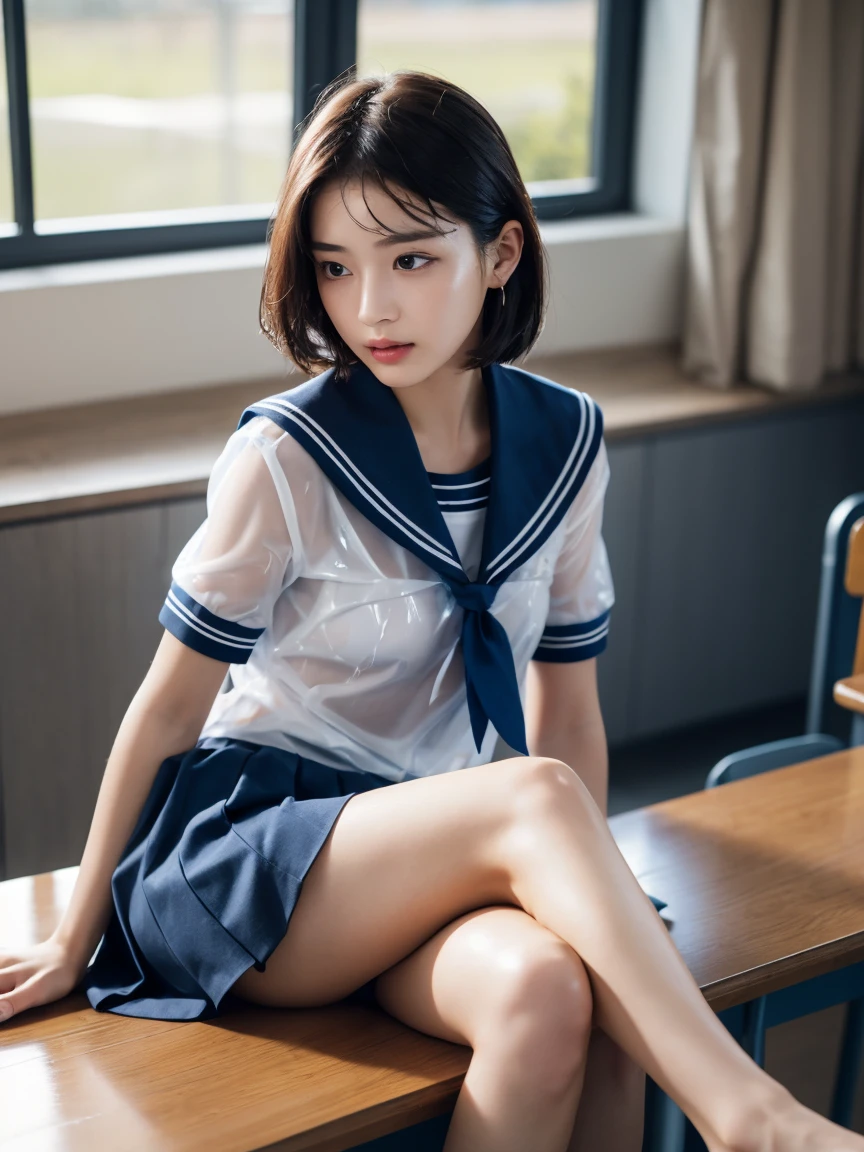 masterpiece:1.2, Very detailed, Ultra-high resolution, Realistic, photo Realistic:1.6, High-resolution RAW color photos, Professional photos, Sharp focus:1.2, Very detailed顔と肌の質感, Very beautiful eyes, Glossのある肌, Glowing Skin, Glowing Skin, Shining Face, Gloss, Oily skin, greasy face, Oily skin, greasy face,, real Glossのある肌 texture, Perfect Anatomy, Very detailed背景,(High school classroom at night),1 female,25-year-old woman, Japanese women,height: 168cm,short hair, Straight hair, bangs, Brown Hair,((Flat Chest:1.6)),Slender legs, (See-through white short-sleeved sailor suit、Navy blue pleated mini skirt:1.5、Sexy T-panties under skirt),((A sailor uniform that was wet from the rain and very transparent:1.5)),Earrings,(Place the soles of your feet on the desk:1.6、Sit on a desk)