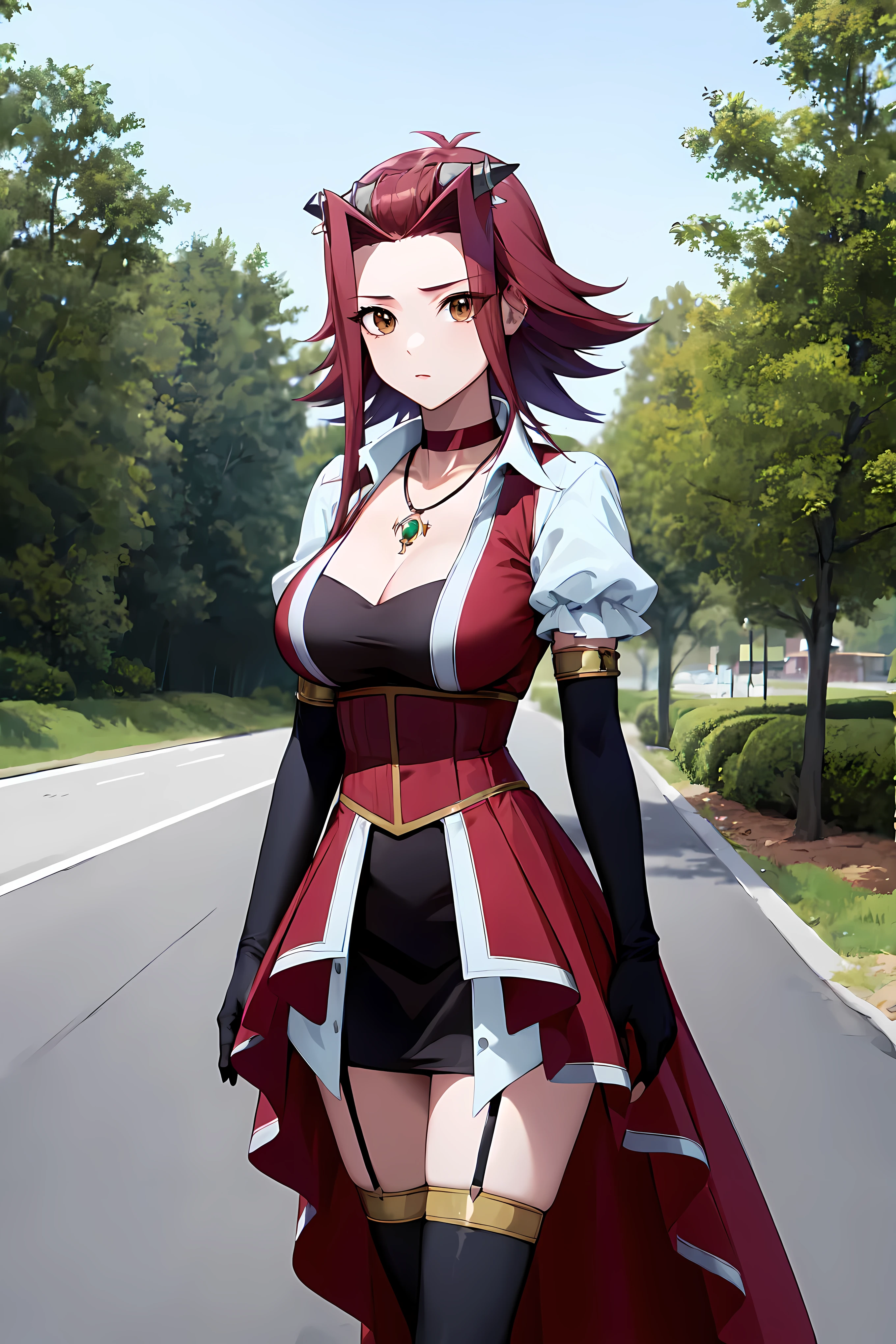 masterpiece, best quality, highres, aki1, izayoi aki, solo, gloves, elbow gloves, breasts, jewelry, cleavage, choker, necklace, short dress, black thighhighs, black gloves, large breasts, standing, cowboy shot, outdoors