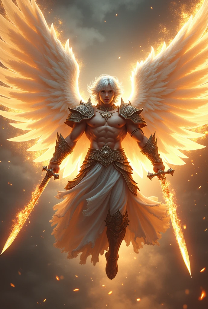 masterpiece, best quality, realistic, ultra detailed, movie poster style, dungeons and dragons character design, celestial, bruneian man with round face, muscular, dramatic silver hair, radiant white angel wings, homoerotic heavy armor, flying mid-air, dramatic slashing with flaming sword towards camera, god rays, perfect fingers, perfect hands, perfection