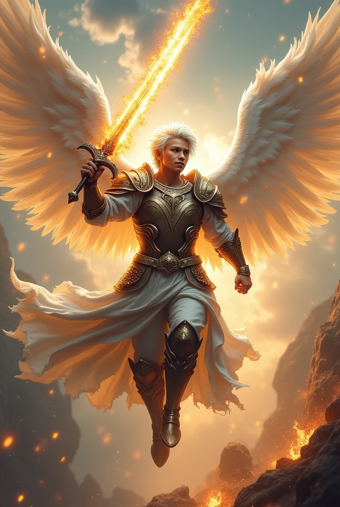 masterpiece, best quality, realistic, ultra detailed, movie poster style, dungeons and dragons character design, celestial, bruneian man with round face, muscular, dramatic silver hair, radiant white angel wings, homoerotic heavy armor, flying mid-air, dramatic slashing with flaming sword towards camera, god rays, perfect fingers, perfect hands, perfection