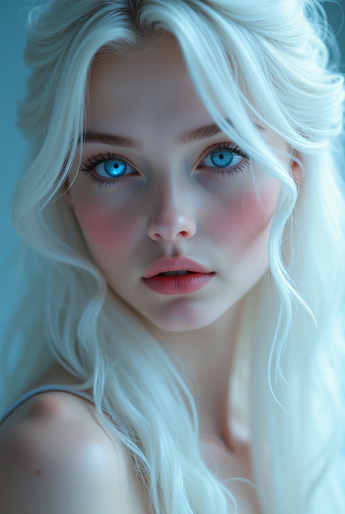 Beautiful girl with white hair and pink skin and blue eye real photo