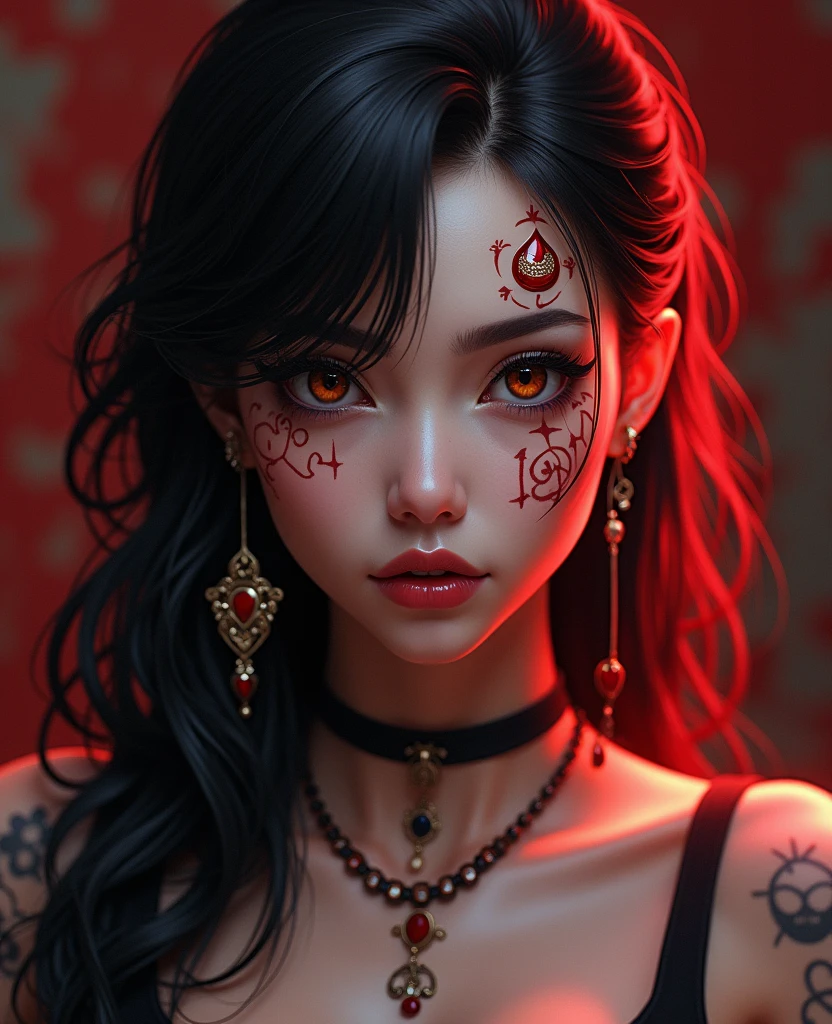 Anime lady sexy anime tattoos aesthetic tanned lady white skin lady black red tattoos on face black red hairs mark facial jewelry PERFECT MASTERPIECE, EXTREMELY DETAILED CG UNITY 32K UHD QUALITY RESOLUTION WALLPAPER, PHOTOREALISTIC, RAW PHOTO, PERFECT PHOTOGENIC CLARITY, OFFICIAL ART, AWARD-WINNING PORTRAIT, ULTRA HYPER-REALISTIC, ULTRA HYPER-DETAILED, SHINY REALISTIC SKIN, RAY TRACING, UNREAL ENGINE 5.8K, GLOWING AMBIENT LIGHT cyberpunk, Arabian girl face portrait anime lips bite mouth tongue