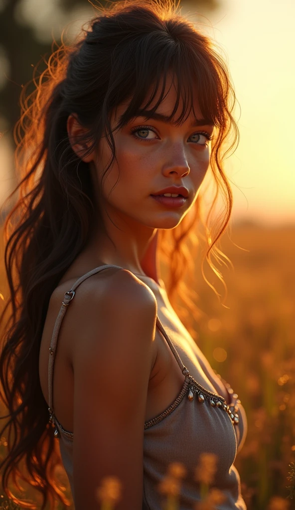 Sun on a farm; volumetric lighting, spectacular, ambient lights, luminous colors, cinematic atmosphere, Realism style, intricate details in high capture. ((best quality: 1.4, 8K)), (((Ultra high resolution, physically based rendering. (((The main scene is wide angle f/1.2, full body woman, Rough appearance, contemporary style, blue eyes; light brunette, 3, wearing square glasses ))); small, well-focused eyes; thin, Detailed eyebrows (dark brown hair half-combed, bangs), Very detailed skin texture, slight dimple on the face without makeup, Mouth. small with burgundy lipstick 1.4, long dress 1.6 )) ), ((normal body thin abdomen, Narrow waist, sharp and clear facial features)); (beaming expression: 1.3, looking to the right side of the scene: 1.2), (( (completely semi-dark background)slight cleavage in front: 1.8)), legs one in front of the other: 1, 4, ((exposed detail: 1.4, full frontal position of the scene 1.5)), ((Many bright and colorful particles are flying: 1.5, backlit)).