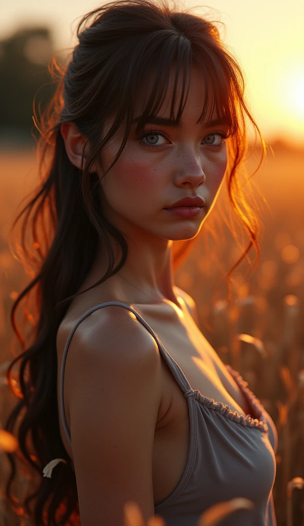 Sun on a farm; volumetric lighting, spectacular, ambient lights, luminous colors, cinematic atmosphere, Realism style, intricate details in high capture. ((best quality: 1.4, 8K)), (((Ultra high resolution, physically based rendering. (((The main scene is wide angle f/1.2, full body woman, Rough appearance, contemporary style, blue eyes; light brunette, 3, wearing square glasses ))); small, well-focused eyes; thin, Detailed eyebrows (dark brown hair half-combed, bangs), Very detailed skin texture, slight dimple on the face without makeup, Mouth. small with burgundy lipstick 1.4, long dress 1.6 )) ), ((normal body thin abdomen, Narrow waist, sharp and clear facial features)); (beaming expression: 1.3, looking to the right side of the scene: 1.2), (( (completely semi-dark background)slight cleavage in front: 1.8)), legs one in front of the other: 1, 4, ((exposed detail: 1.4, full frontal position of the scene 1.5)), ((Many bright and colorful particles are flying: 1.5, backlit)).
