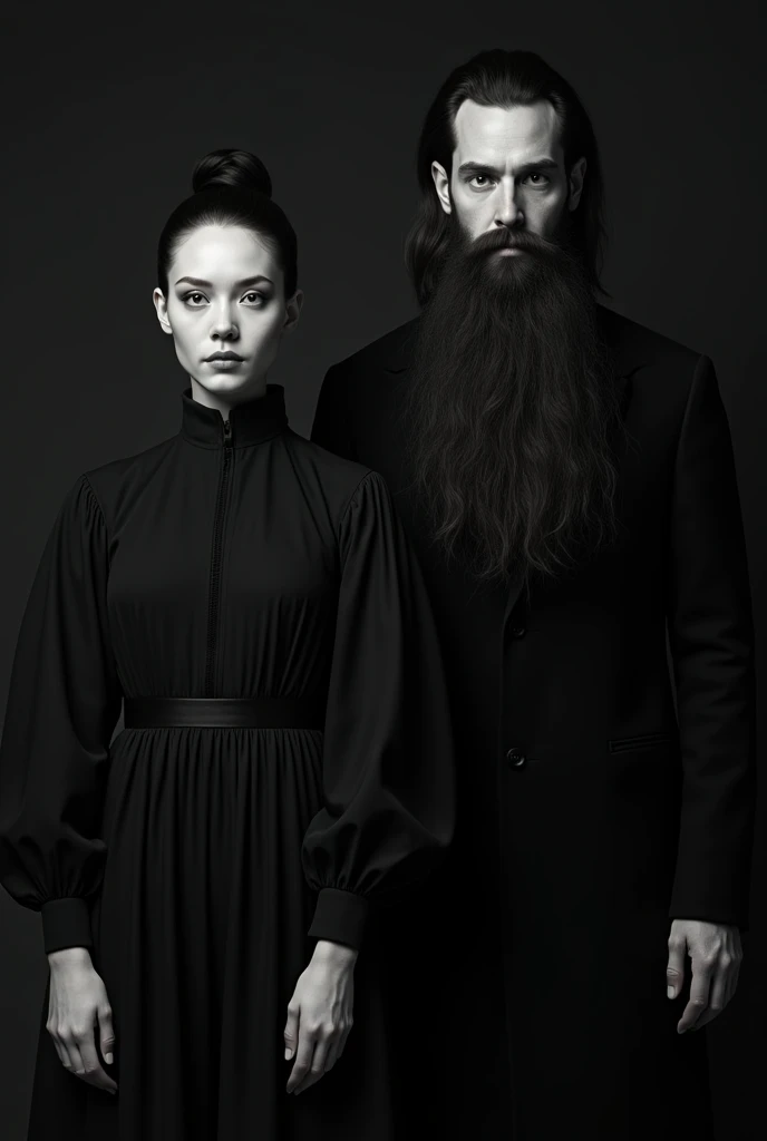 ( High quality , ultra detailed, careful with hand, Old real picture, black and white only, anatomically accurate) 2 people, One woman in a high neck long sleeves black dress, hair neatly tied, serious expression, looking at the camera, besides a guy with his head down and a very very very long hair covering partially his face just showing his nose mouth and chin, also dressing a black coat, shoot from above the waist