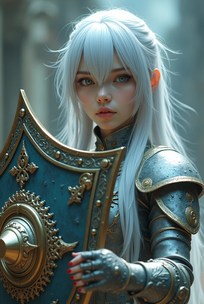 Surreal Very detailed Ultra Fantasy Ultimate Details Ultra-high resolution 8K 32k 3D Clear Eyes Silver髪 In his left hand he holds a magnificent medieval shield mechanical engineering Mechanic Art intricate and elaborate design, money, Silver Dynamic pose Robotics Cinema Lighting The Rosesgun nameplate is inside the shield. Girl Gauntlet