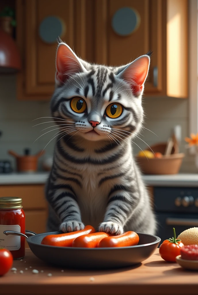 Striped gray cat preparing hot dogs