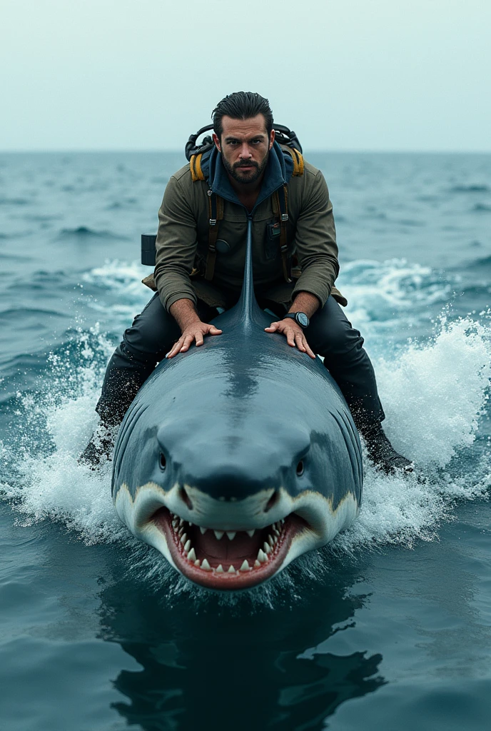 Man riding a shark where the man's entire face can be seen