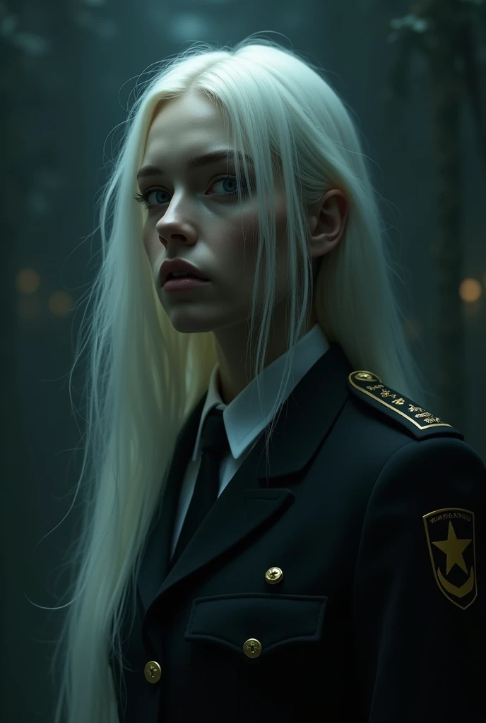 (Front focus), (in the darkness:1.6), Surrealist Portraits of Women by David Hockney and Alphonse Mucha, Fantasy Art, Photo-realistic, Dynamic Lighting, Art Station, poster, Volumetric Lighting, Very detailed faces, 4K, The award-winning, 1 Girl, in the darkness, Deep Shadows, Low profile, Cowboy shooting, (Official uniform:1.4), Long hair, White hair