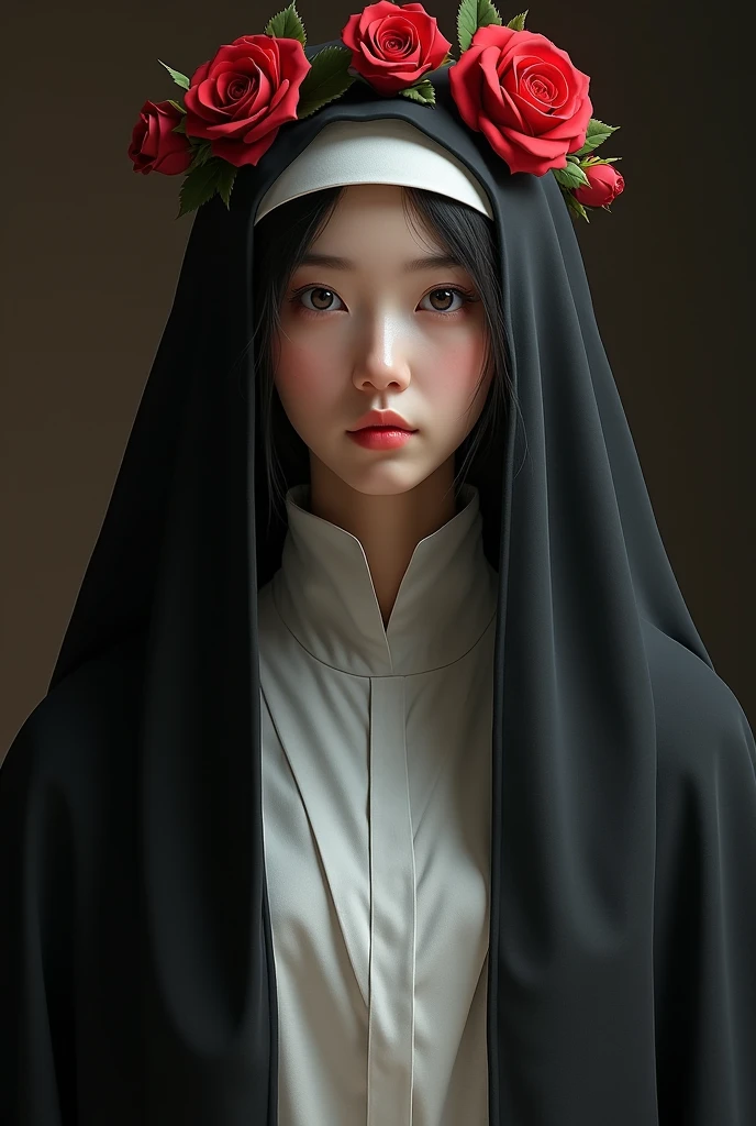 Animated Santa Rosa de Lima add a black cloak, put more roses on her, put a white dress and a black cloak on her like a nun, put a headband of roses on her, make her more adult, MORE SERIOUS AND SHE LOOKS MORE LIKE A NUN, FRIEND, NOT SO SERIOUS, not so young, like a teenager, and with more roses and she looks like a nun, not so old, like a teenager, more realistic, make her Chinese
