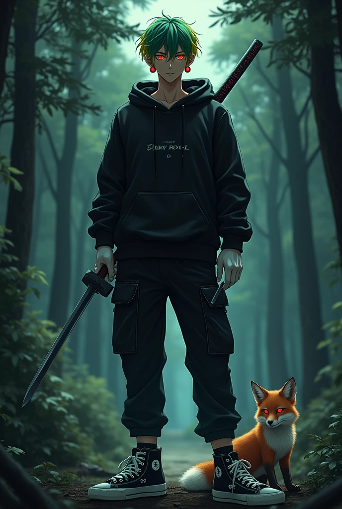 Man with green hair and yellow tips and red eyes with 1 katana, with a black hooded sweatshirt and soft black pants with white gloves, dark skin tone, but of course, with a psychopathic look, with black and white tennis shoes and 2 small knives, with a fox, with red earrings, anime style, standing posture, in a forest at night 