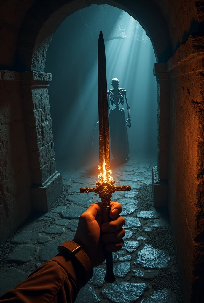 Draw a dark dungeon corridor, fancy, RPG, there is a hand as if it were the reader's hand holding a torch, as if it were a first person game where the player is exploring this dungeon, the corridor is very narrow and dangerous, in front of the player there is a skeleton rising from the ground with dark magic around it