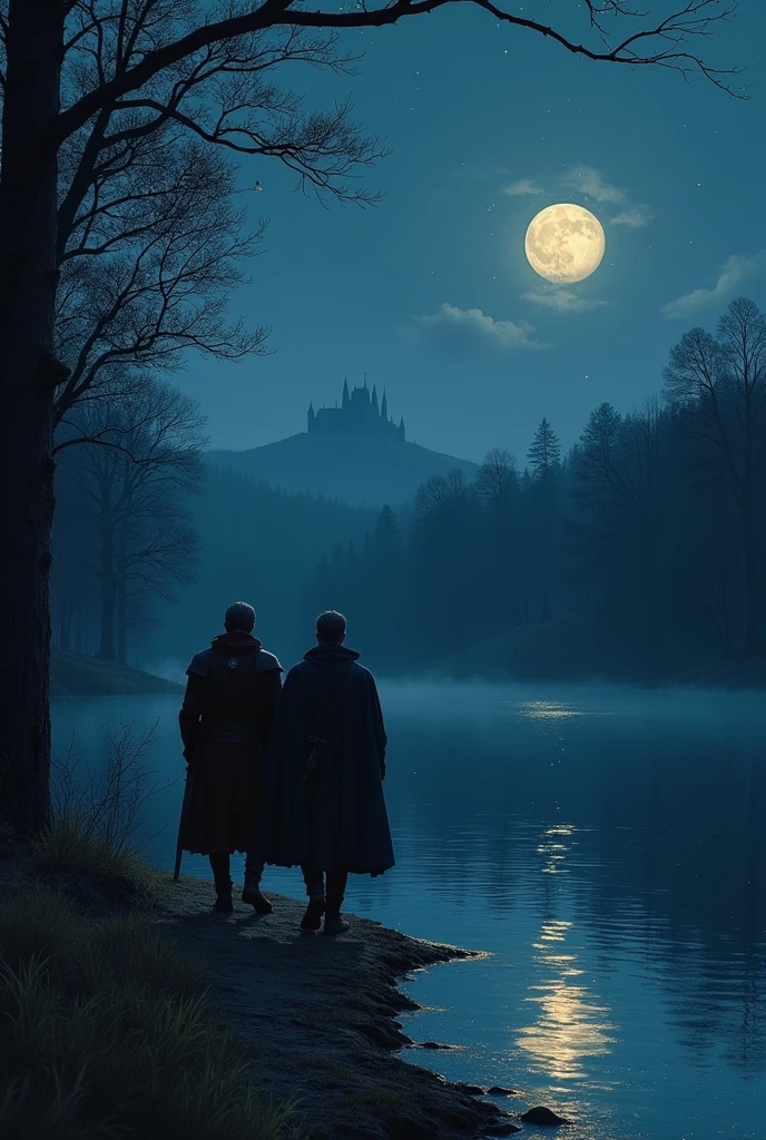 Two men walking near a lake at night, medieval era