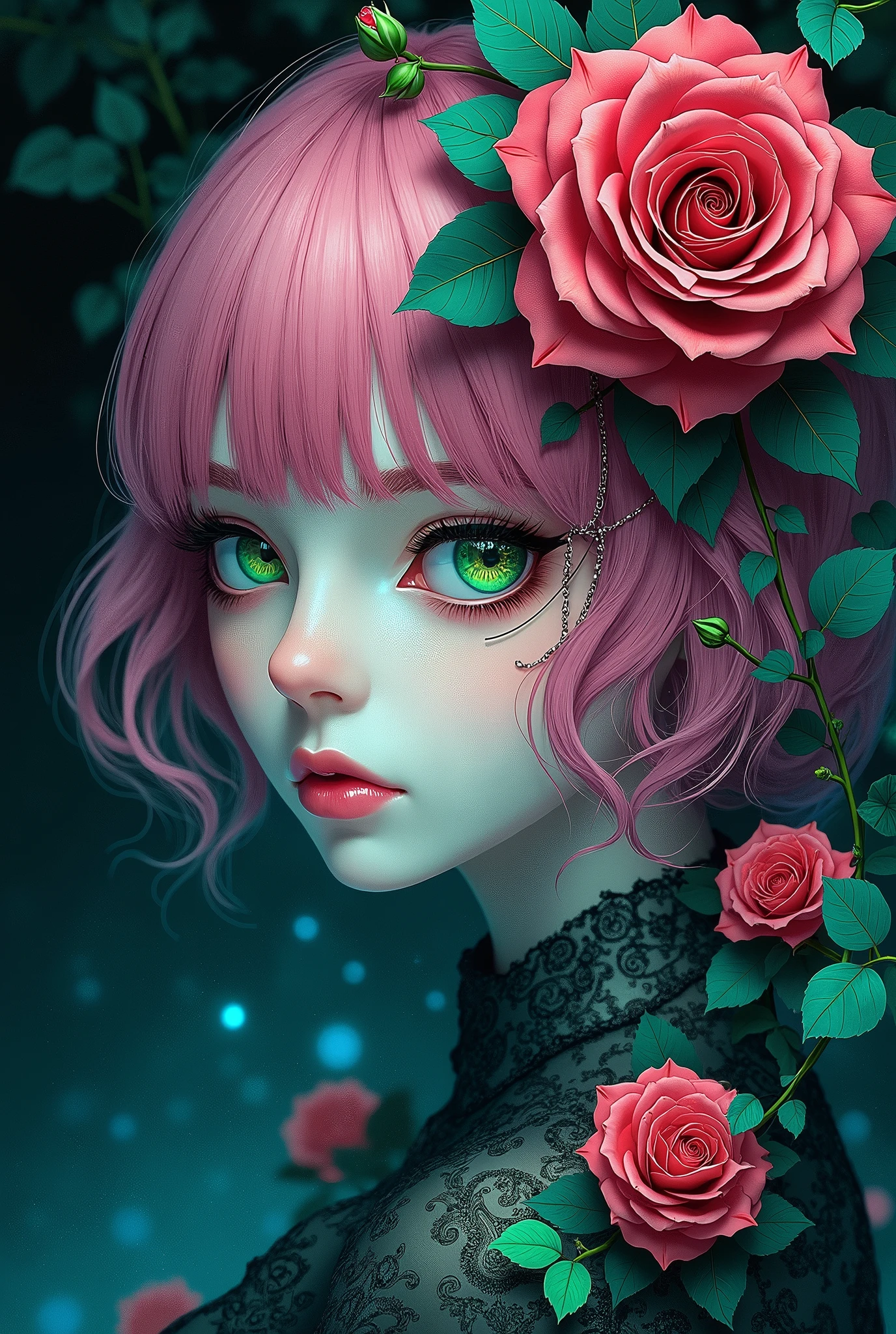(abstract art:1.2), fractal art, psychedelic art, (style of Yuko Shimizu:1.1), red theme, dark theme, 1girl, roses, hair ornament, somber expression, dark blue accent, masterpiece, best quality, ultra high res, award-winning art, highly detailed, beautiful, aesthetic, ((Mitsuri Kanroji)), pink hair, green highlights, ((green eyes)),