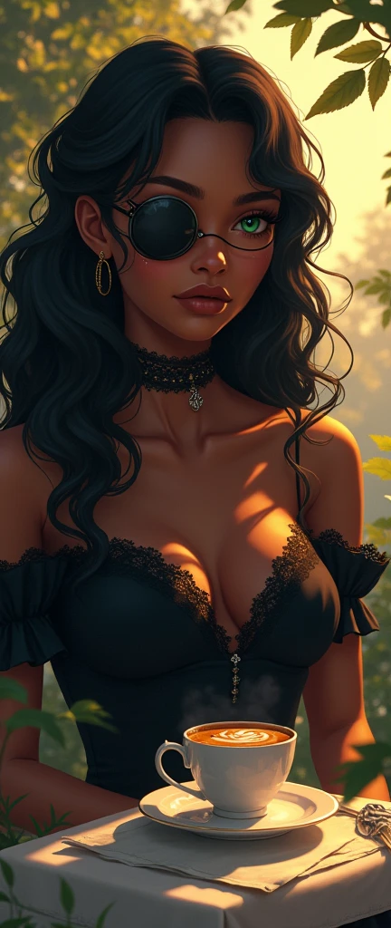 Make anime style. From a BLACK woman with long black curly hair, green eyes wearing a black Victorian dress and covering the body, with a left eye patch, and some moles on the face. Having afternoon tea outdoors 