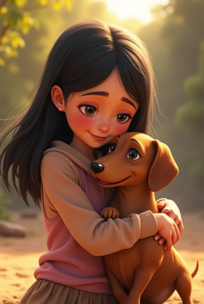 from this platform: "There is a small dachshund that has white spots around the eyes towards the bottom of the mouth, She has a light brown body and a ager who is hugging her, straight black hair and brunette in Guaranda Ecuador.