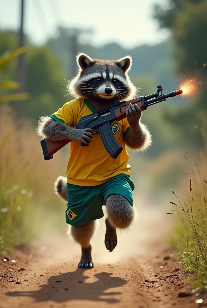 A raccoon wearing a Brazil shirt running down a dirt road shooting into the air with an AK47