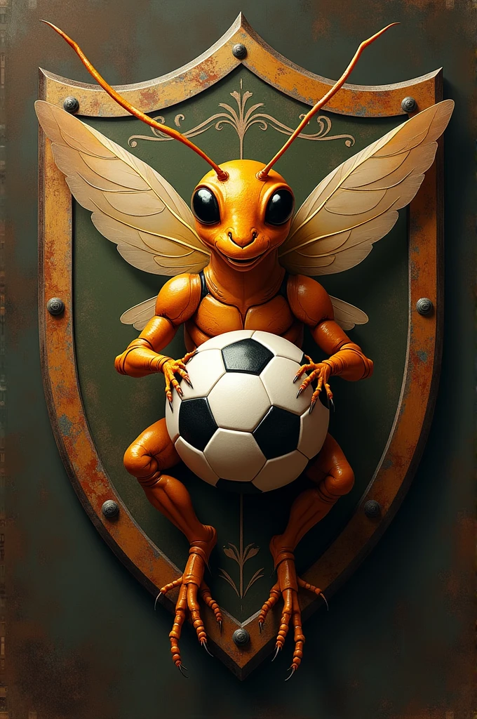 Make a football shield, which has a cricket as the main character, This one has a soccer ball in its paws