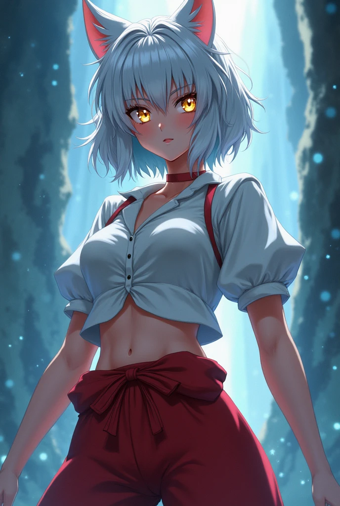 She is a woman with golden eyes, her full body looks like Inuyasha, she has short white hair and ears, she wears clothes like Inuyasha.: Short blouse and hook pants has a challenging look and an attitude like Inuyasha being sometimes arrogant but with a good heart, the background is light blue and dark blue 
