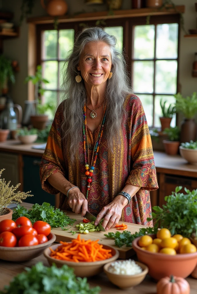 67 year old bohemian hippie woman preparing vegetarian food 
