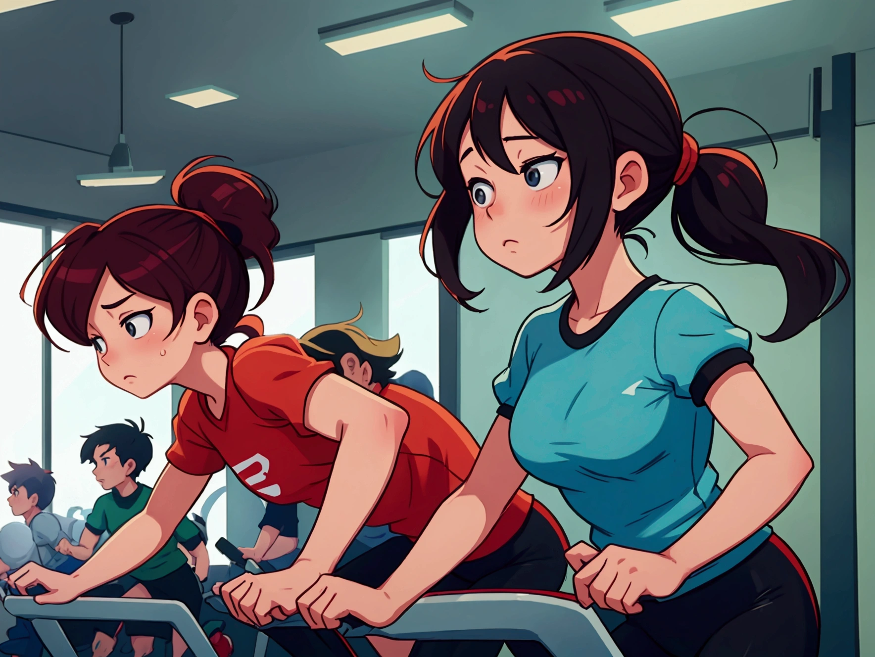 Cartoon Style，From yowamushi pickup, Lois van Baarle, By Ryan Yee, ，there are many people on exercise bikes in a 健身房，background a gym, hedonic treadmill, healthy, Plenty of light, Natural soft lighting,