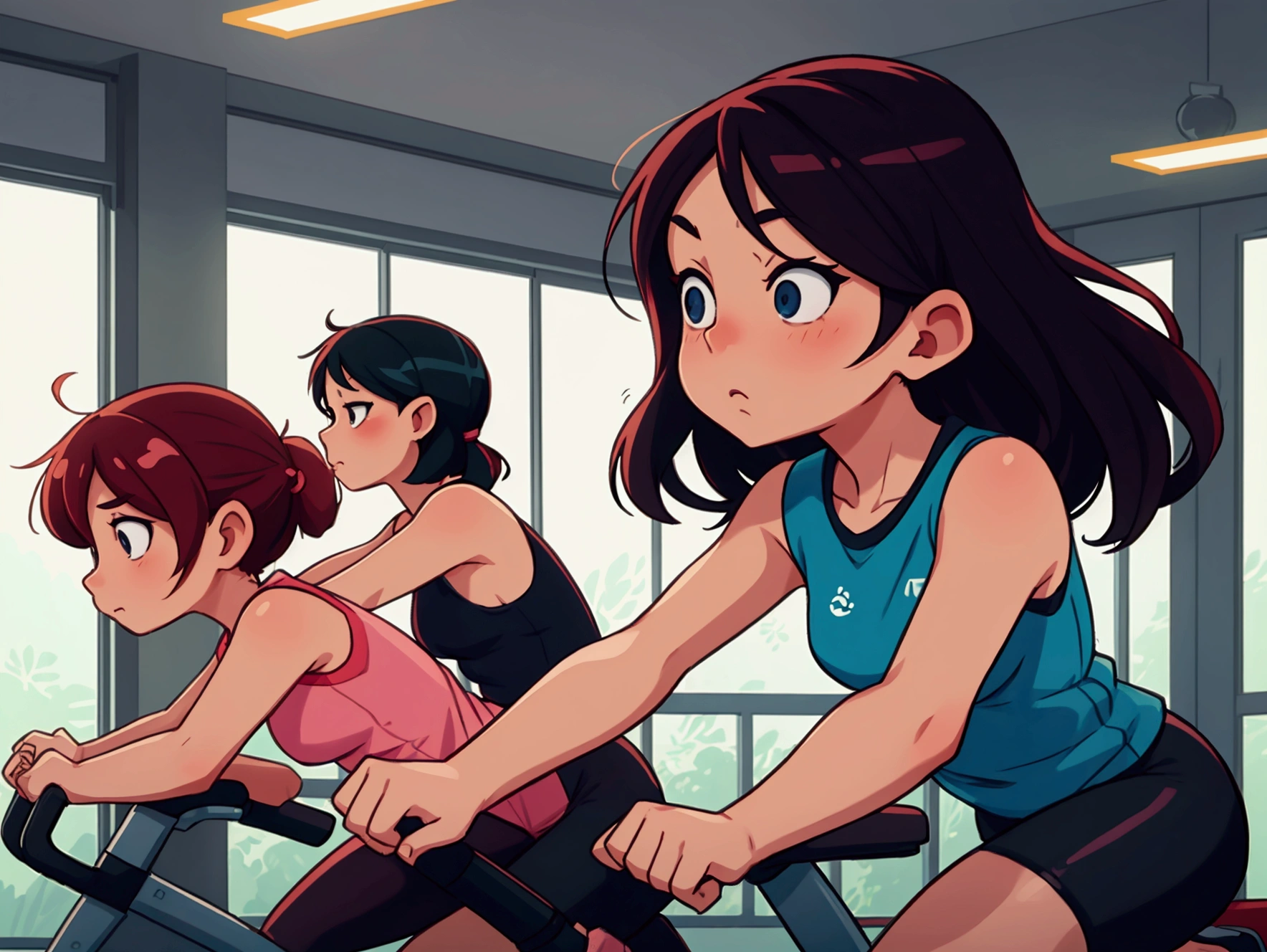 Cartoon Style,From yowamushi pickup, Lois van Baarle, By Ryan Yee, ,there are many people on exercise bikes in a 健身房,background a gym, hedonic treadmill, healthy, Plenty of light, Natural soft lighting,