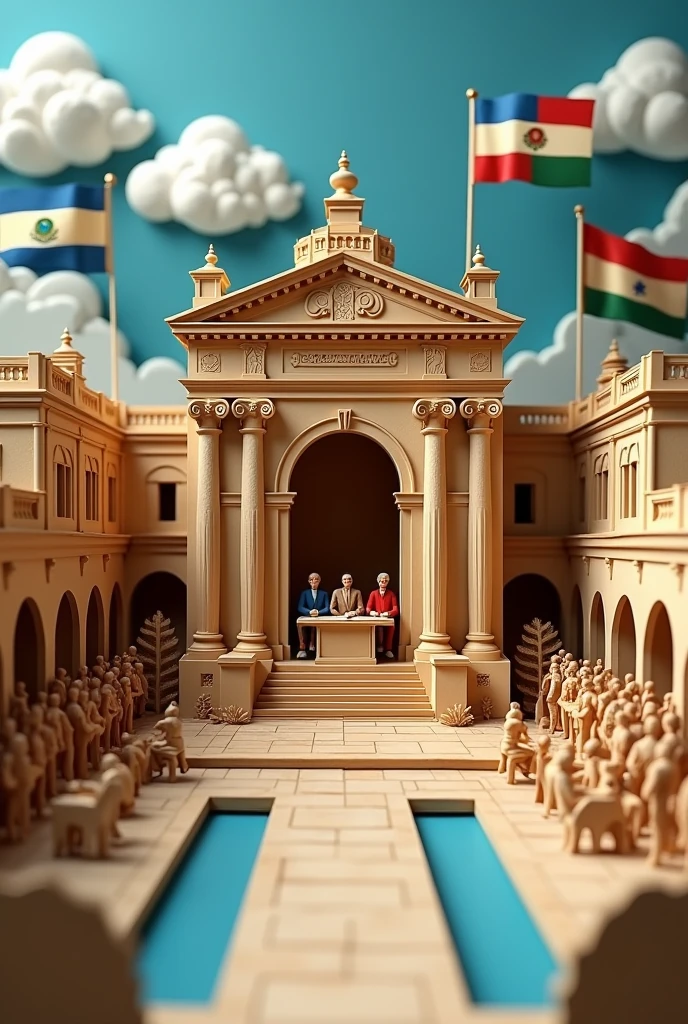 Create a model of a Central American national palace with the scene of the Central American independence act inside it and a garden with Central American flags outside. (absolutely the entire scene of the signing of the act, outside of which there was a happy town celebrating and outside the flags of Nicaragua, El Salvador Costa Rica Guatemala Honduras but a paper and cardboard model