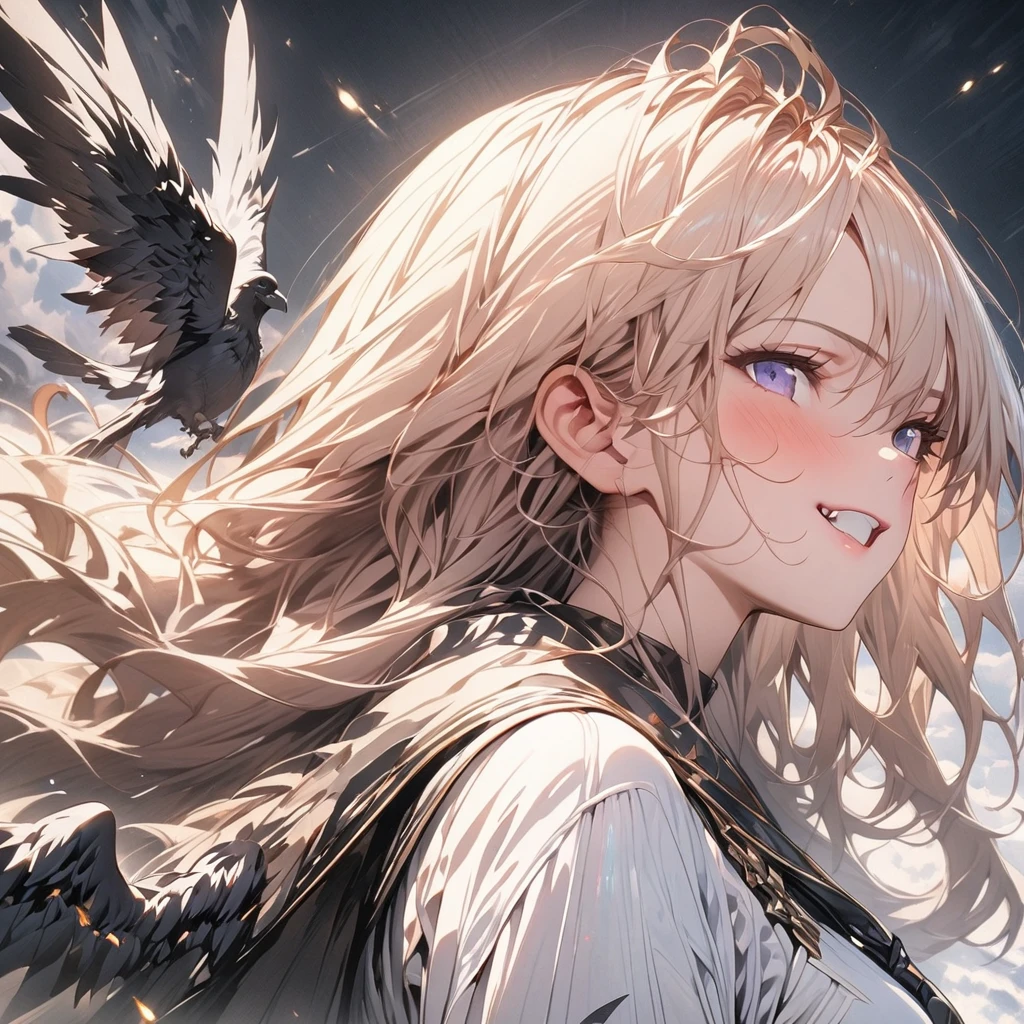 One personの女性、One person、Black Angel、fallen Angel、Dark Angel、Fluttering in the wind、(((masterpiece)), (Highest quality), (Ultra-high resolution), (Highest quality), (Very detailed), depth、Anime-style characters、SLR、Portraiture、whole body、A world with a black background、Black wings、Black feathers flutter、Shooting from below、Haircut for shaggy haircuts、Long Hair、Swearing Revenge、Glare