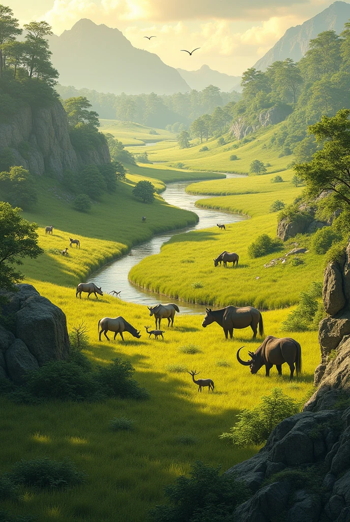 Create an image of the Neogene period with mammals of the time in a grassland