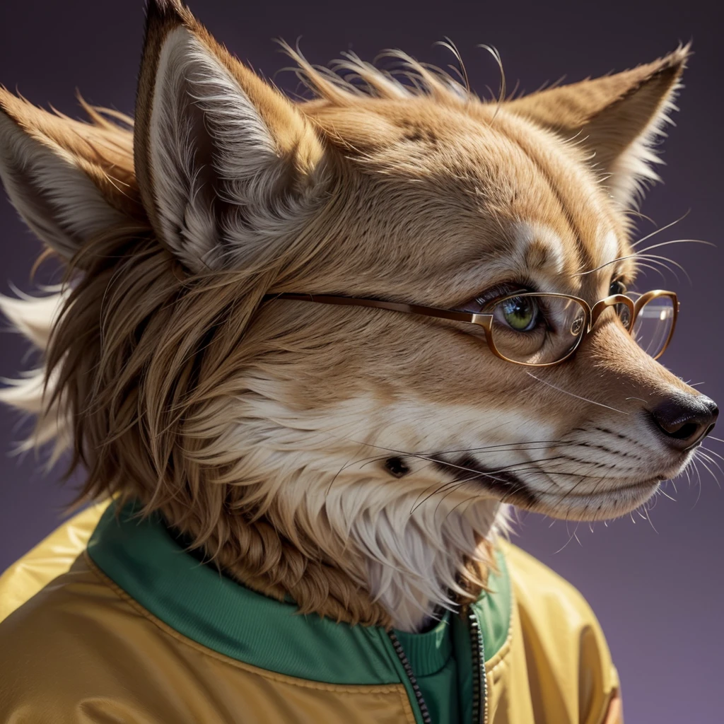 furry art, cartoonish, the coyote race, short hair ,wavy coffee down, The fur on the face of the muzzle is peach-colored., From his nose to his forehead he has a strong brown stripe, wears an open green jacket,has glasses, with a gradient purple background