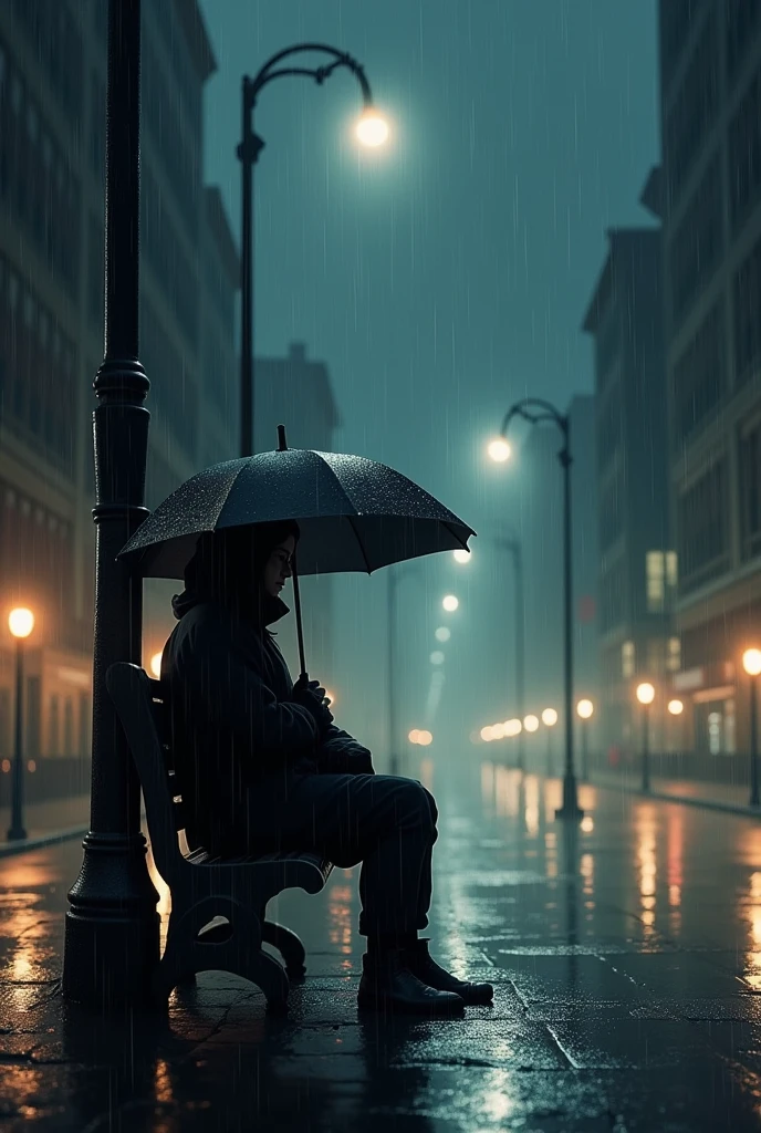 Rainy day at night one with an umbrella rain clothes and sad on a street full of buildings a bench and a lamp post
