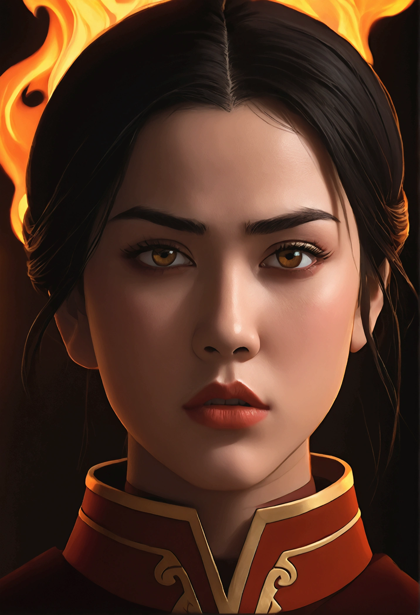 a  girl,beautiful detailed eyes,beautiful detailed lips,extremely detailed eyes and face,long eyelashes,1girl, dark hair,fire nation princess outfit,angry expression,dramatic lighting,dark fantasy,moody colors,cinematic lighting,fantasy,highly detailed,digital painting,concept art,vibrant colors,studio lighting,dramatic pose,powerful,dynamic composition