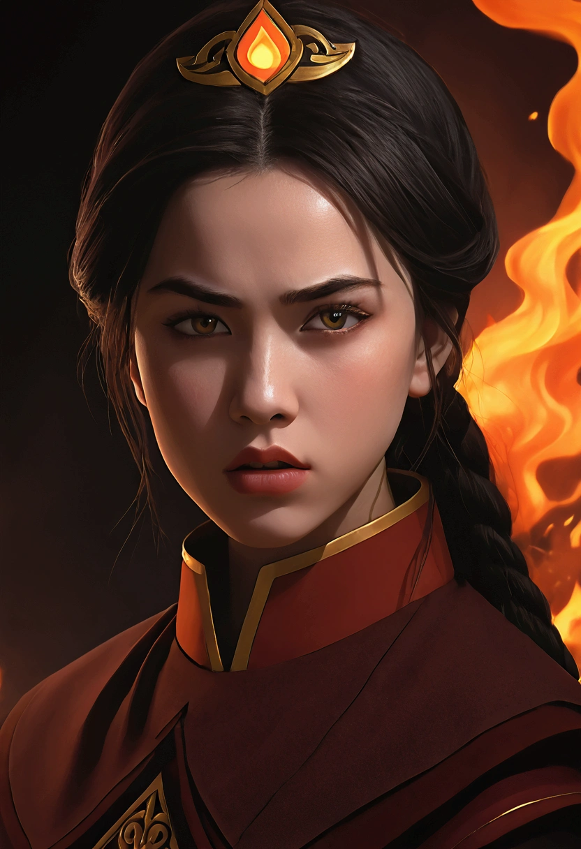 a  girl,beautiful detailed eyes,beautiful detailed lips,extremely detailed eyes and face,long eyelashes,1girl, dark hair,fire nation princess outfit,angry expression,dramatic lighting,dark fantasy,moody colors,cinematic lighting,fantasy,highly detailed,digital painting,concept art,vibrant colors,studio lighting,dramatic pose,powerful,dynamic composition