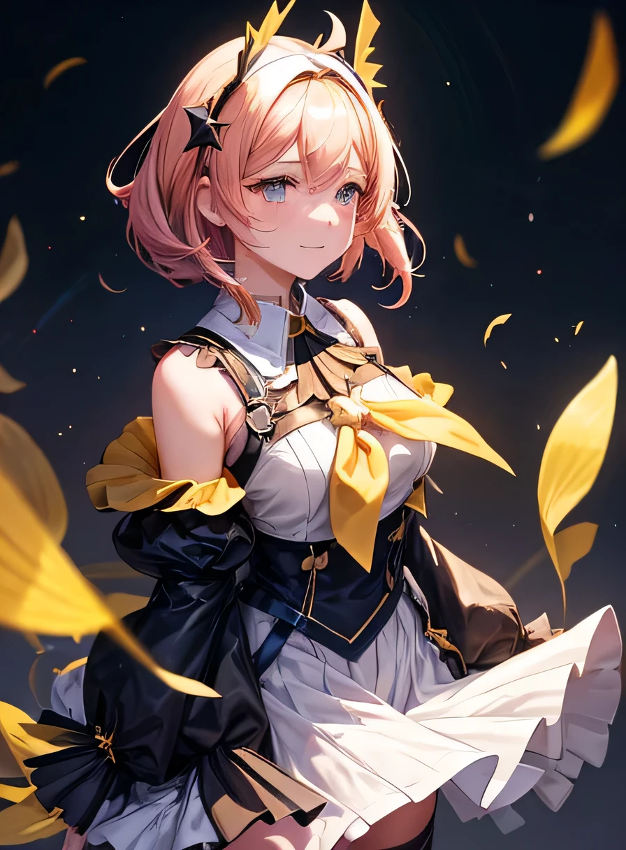 1girl, firefly \(honkai: star rail\), solo, black thighhighs, hairband, gradient skirt, hair ornament, blouse, frilled collar, cropped jacket, yellow neckerchief, cowboy shot, standing, floating hair,  depth of field, hands on own chest, crying with eyes open, light smile, bokeh, fireflies, night