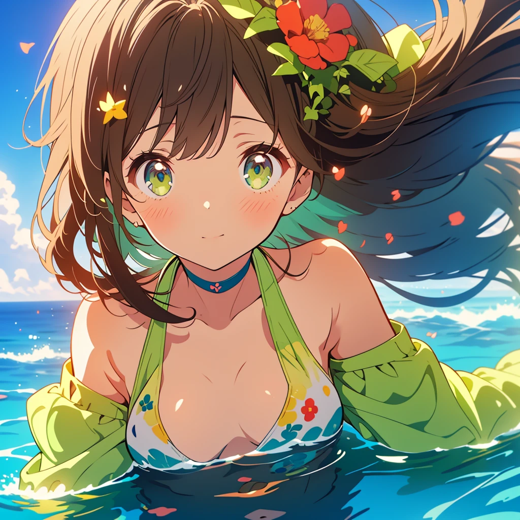 kawaii, anime, Cute, hyper quality, highly detailed, 8k, Clarity, Draw facial expressions in detail, Girl with long dark brown hair and green eyes, swimsuit, whole body, Dynamic feeling, underwater, bottom of the sea, ocean floor, light shines in, blisters, Flowers bloom on the ocean floor, fantastic, highlight on eyes,