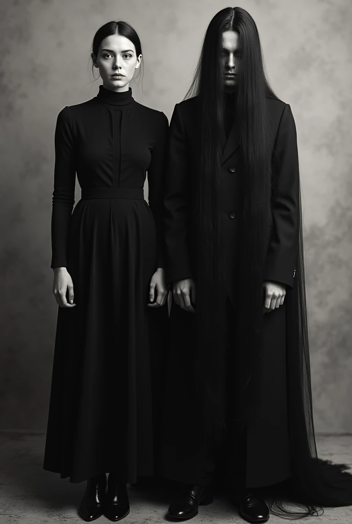 ( High quality , ultra detailed, careful with hand, Old real picture, black and white only, anatomically accurate) 2 people, One woman in a high neck long sleeves black dress, hair neatly tied, serious expression, looking at the camera, besides a ghost guy with his head down and a very very very long hair covering partially his face just showing his nose mouth and chin, also dressing a black coat, shoot from above the waist