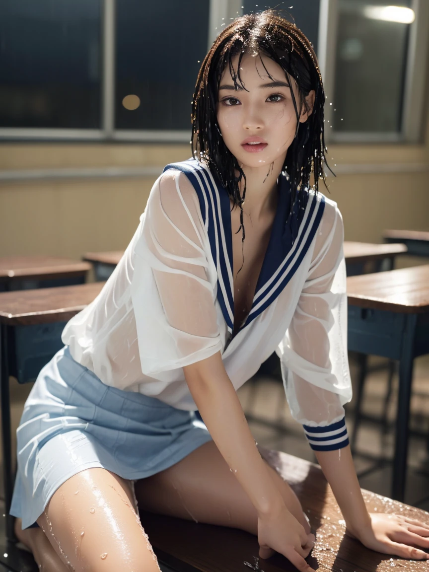 (masterpiece:1.2), Very detailed, Ultra-high resolution, (Realistic, photo Realistic:1.6), High-resolution RAW color photos, Professional photos, Sharp focus:1.2, (Very detailed顔と肌の質感, Very beautiful eyes, Glossのある肌, Glowing Skin, Glowing Skin, Shining Face, Gloss, Oily skin, greasy face, Oily skin, greasy face,), (real Glossのある肌 texture), Perfect Anatomy, Very detailed背景,(High school classroom at night),1 female,25-year-old woman, Japanese women,height: 168cm,short hair, Straight hair, bangs, Brown Hair,((Flat Chest:1.6)),Slender legs, ((((See-through white short-sleeved sailor suit)))),((Completely naked:1.6)),((Sailor suit wet and sheer from the rain:1.5)、(A skirt that was wet and transparent from the rain:1.5))