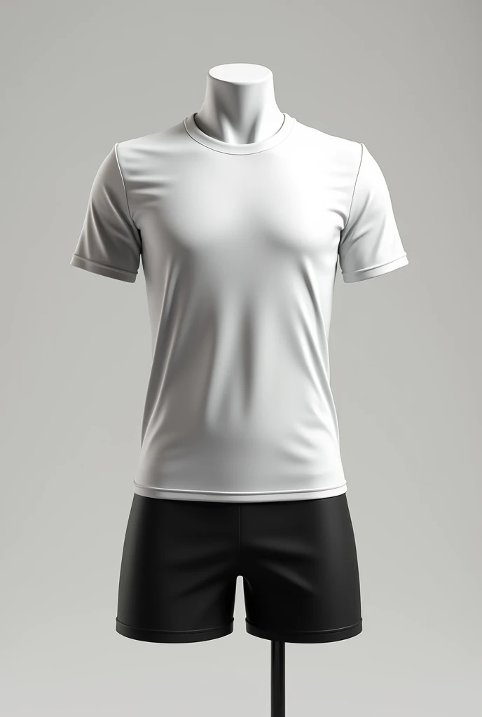 Stylish soccer uniform with white t-shirt and black shorts shown on mannequin 