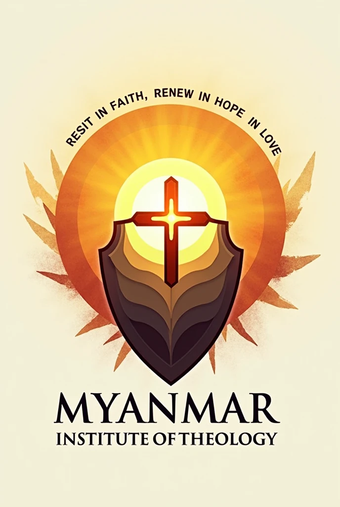 Rising Sun , shield, cross 
Resist in Faith , Renew in Hope, Restore in love
Myanmar institute of Theology Logo