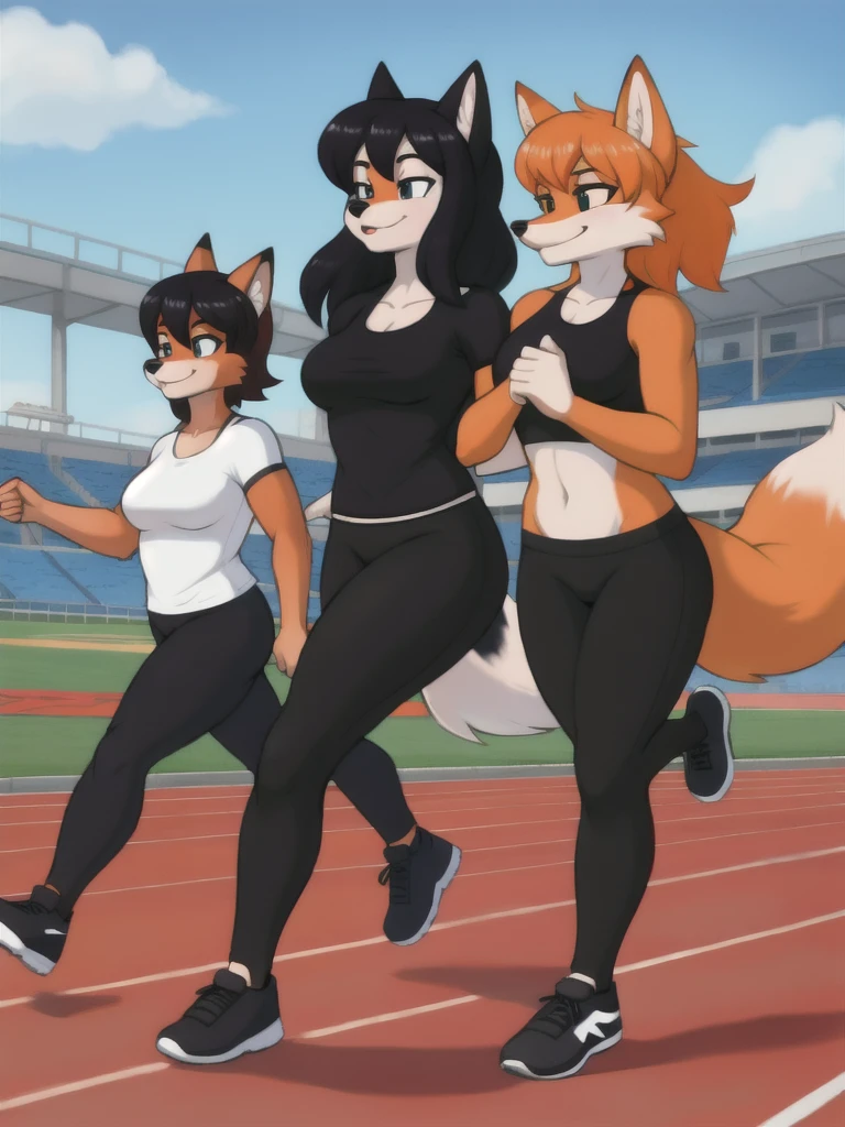 Furry, fox, female, black shirt, black leggings, shoes, running track, friends, full body