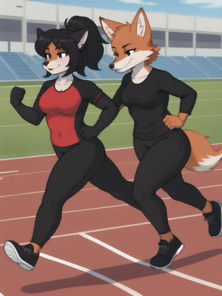 Furry, fox, female, black shirt, black leggings, shoes, running track, friends, full body